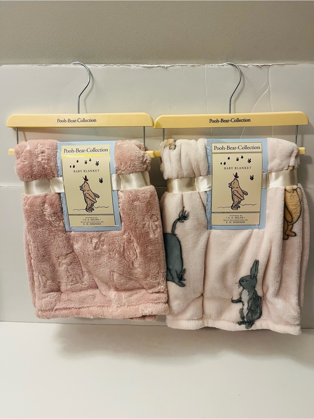 Winnie the Pooh Bear Collection Lot of 2 Pink Baby Blankets Embossed Bows Rabbit